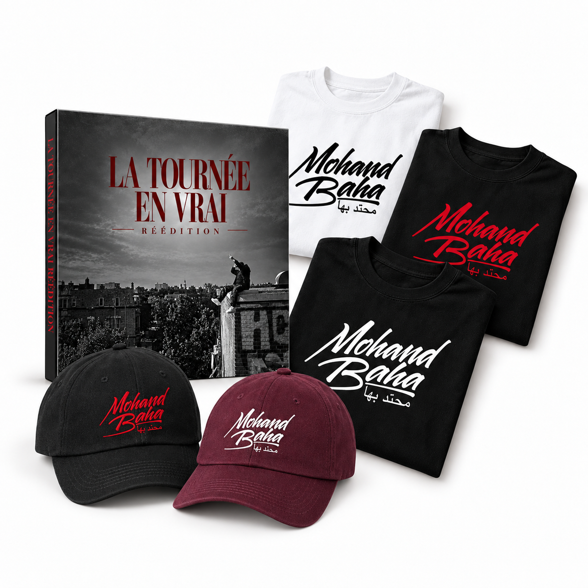Pack complet LA TOURNÉE EN VRAI avec album, T-shirts et casquettes officiels