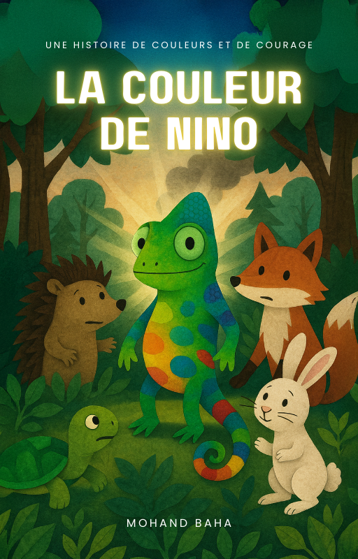 Couverture de La couleur de Nino de Mohand Baha : un caméléon multicolore entouré d’animaux de la forêt.