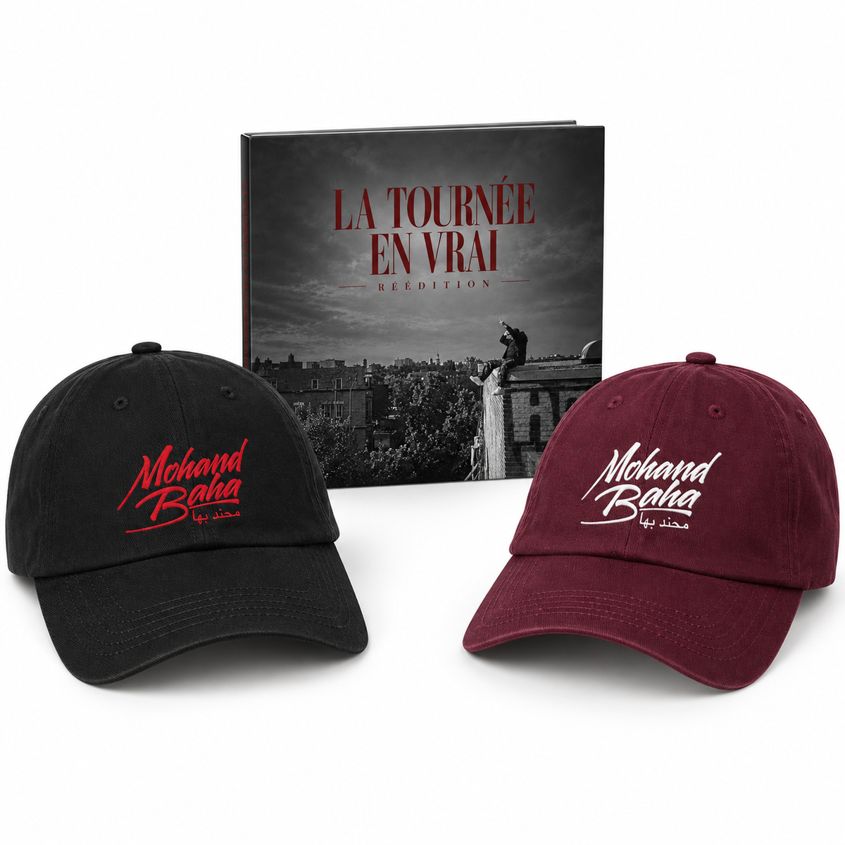 Pack LA TOURNÉE EN VRAI avec l’album et les casquettes officielles noire et bordeaux