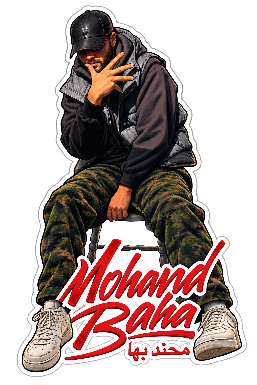 Sticker Mohand Baha cartoon noir avec logo rouge